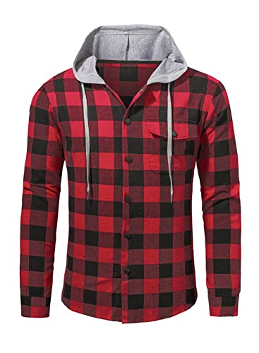 JMIERR Herren Checked Flanell Hemden Langarm Baumwoll Button-up Freizeithemd Hemd Regular Fit mit Hut, Rot S von JMIERR