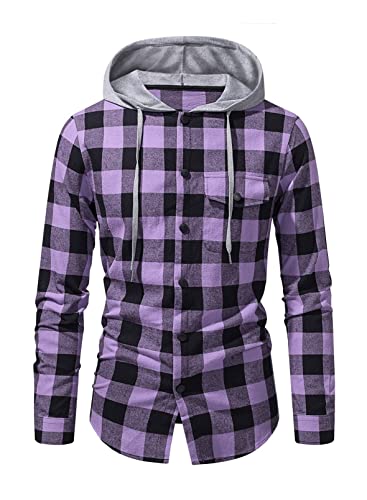 JMIERR Herren Checked Flanell Hemden Langarm Baumwoll Button-up Freizeithemd Hemd Regular Fit mit Hut, Violett S von JMIERR