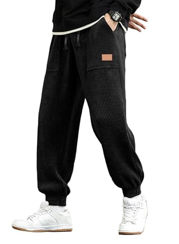 JMIERR Herren Corduroy Jogginghose Schwarz Casual Cargo Jogger Baggy Trainingshose Elastische Taille Sweathose L von JMIERR