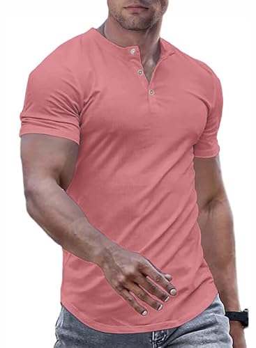 JMIERR Herren Henley-Hemden Muscle Slim Button T-Shirts 2024 Sommer Rippen Kurzarm Sport T Shirt Rosa 2XL von JMIERR