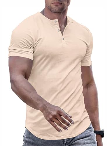 JMIERR Herren Henley-Hemden Muscle Slim Button T-Shirts 2024 Sommer Rippen Kurzarm Sport T Shirt Rot 2XL von JMIERR