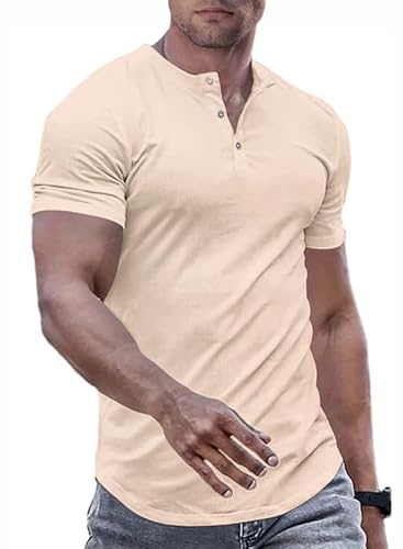 JMIERR Herren Henley-Hemden Muscle Slim Button T-Shirts 2024 Sommer Rippen Kurzarm Sport T Shirt Beige 3XL von JMIERR