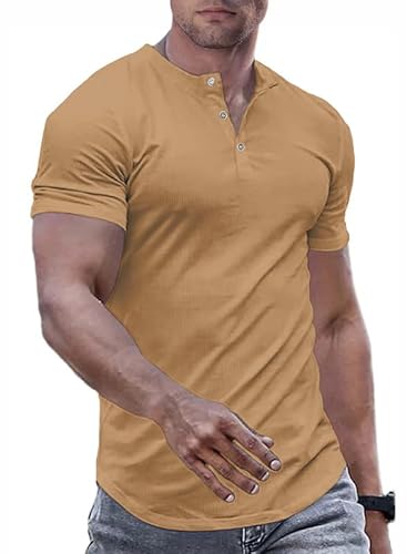 JMIERR Herren Henley-Hemden Muscle Slim Button T-Shirts 2024 Sommer Rippen Kurzarm Sport T Shirt Braun 3XL von JMIERR