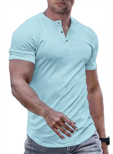 JMIERR Herren Henley-Hemden Muscle Slim Button T-Shirts 2024 Sommer Rippen Kurzarm Sport T Shirt Himmelblau 3XL von JMIERR