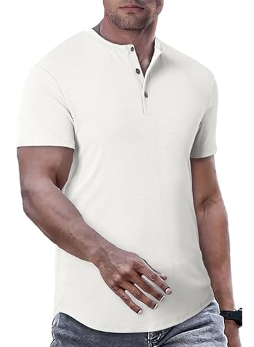 JMIERR Herren Henley T-Shirts Muscle Sommer Kurzarm Hemden 2024 Slim Fit Sport Button T Shirt Weiß Weiß 3XL von JMIERR