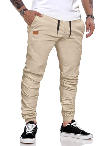 JMIERR Herren Hose Chino Cargo Hose Jogginghose Herren Baumwolle Sporthose Casual Freizeithose Elastische Taille mit Kordelzug Sweatpants Herren mit Taschen, Aprikose 3XL von JMIERR