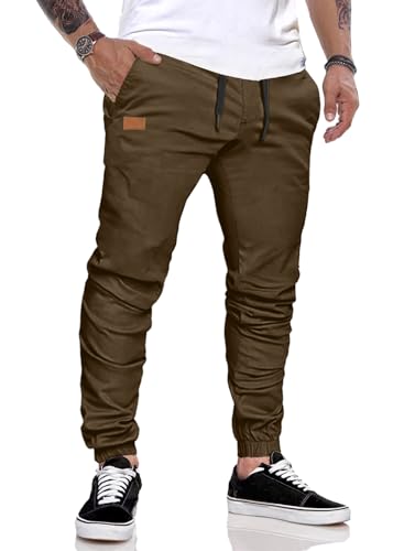 JMIERR Herren Jogginghose Chino Hose Baumwolle Casual Freizeithose Elastische Taille mit Kordelzug Sweatpants Herren mit Taschen, Braun XXL von JMIERR