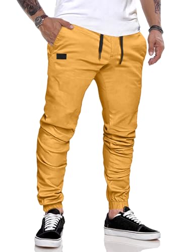 JMIERR Herren Hose Chino Cargo Hose Jogginghose Herren Baumwolle Sporthose Casual Freizeithose Elastische Taille mit Kordelzug Sweatpants Herren mit Taschen, Gelb L von JMIERR