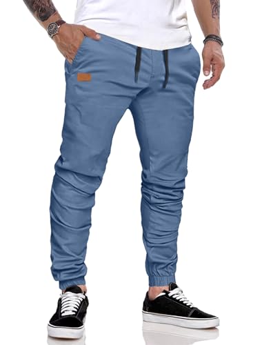 JMIERR Herren Hose Chino Cargo Hose Jogginghose Herren Baumwolle Sporthose Casual Freizeithose Elastische Taille mit Kordelzug Sweatpants Herren mit Taschen, Himmelblau L von JMIERR