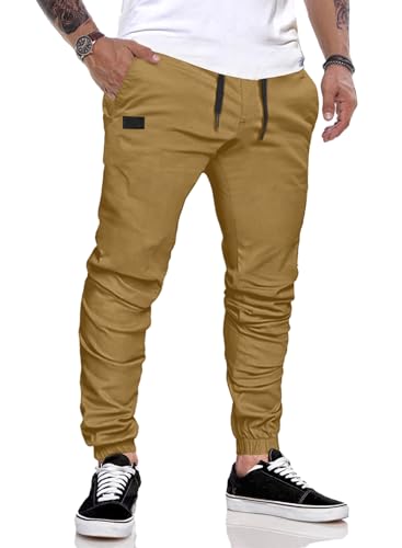 JMIERR Herren Hose Chino Cargo Hose Jogginghose Herren Baumwolle Sporthose Casual Freizeithose Elastische Taille mit Kordelzug Sweatpants Herren mit Taschen, Khaki -L von JMIERR