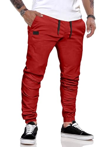 JMIERR Herren Hose Chino Cargo Hose Jogginghose Herren Baumwolle Sporthose Casual Freizeithose Elastische Taille mit Kordelzug Sweatpants Herren mit Taschen, Rot M von JMIERR