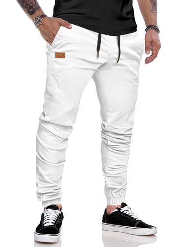 JMIERR Herren Hose Chino Cargo Hose Jogginghose Herren Baumwolle Sporthose Casual Freizeithose Elastische Taille mit Kordelzug Sweatpants Herren mit Taschen, Weiß S von JMIERR