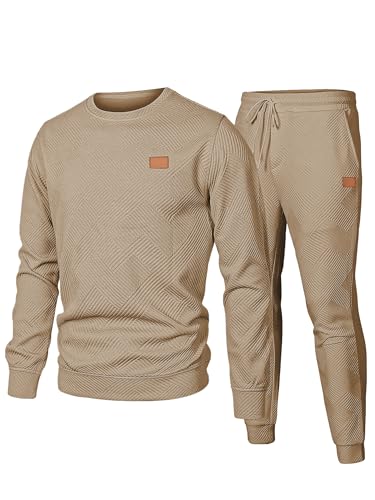 JMIERR Herren Jogginganzug Set 2-Teiliger Sweatshirt Trainingsanzug Casual Sportanzug Herren Sweatshirts und Jogginghose Tracksuit sets mit Strukturmuster,Khaki 2XL von JMIERR