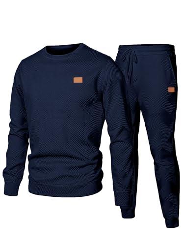 JMIERR Herren Jogginganzug Set 2-Teiliger Sweatshirt Trainingsanzug Casual Sportanzug Herren Sweatshirts und Jogginghose Tracksuit sets mit Strukturmuster,Marineblau 3XL von JMIERR