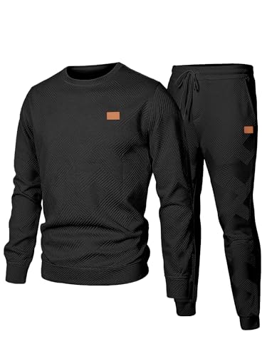 JMIERR Herren Jogginganzug Set 2-Teiliger Sweatshirt Trainingsanzug Casual Sportanzug Herren Sweatshirts und Jogginghose Tracksuit sets mit Strukturmuster,Schwarz M von JMIERR