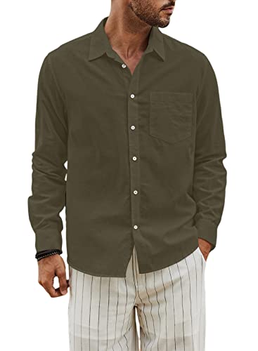 JMIERR Leinenhemd Herren Hemd Herren Langarm Sommerhemd Herren Button-Down Regular Fit Freizeithemd, Armeegrün S von JMIERR