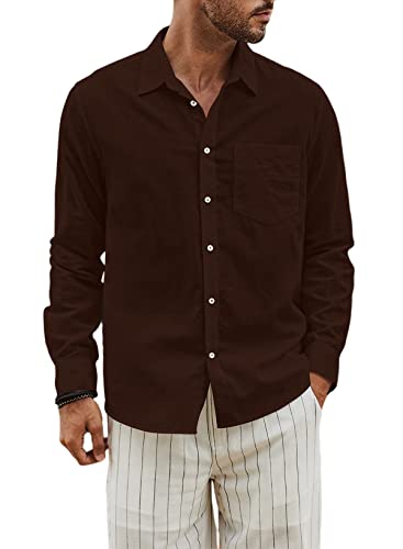 JMIERR Leinenhemd Herren Hemd Herren Langarm Sommerhemd Herren Button-Down Regular Fit Freizeithemd, Braun L von JMIERR