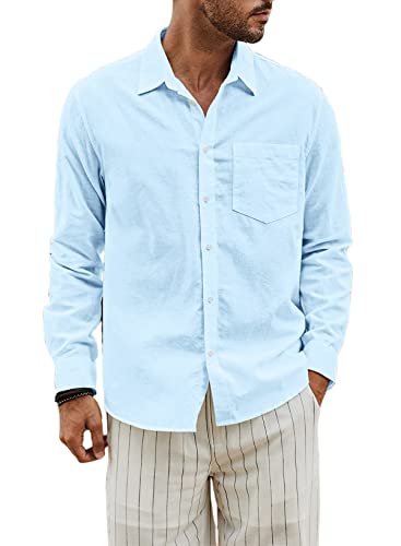 JMIERR Leinenhemd Herren Hemd Herren Langarm Sommerhemd Herren Button-Down Regular Fit Freizeithemd, Hellblau S von JMIERR