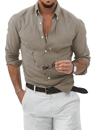 JMIERR Herren Leinenhemd Slim Fit Sommer Hemden Langarm Baumwolle Freizeithemd 2024 Fashion Stehkragenhemd Hellbraun 3XL von JMIERR