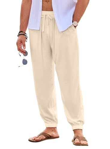 JMIERR Herren Leinenhose Lang Leicht Sommerhose Loose Fit mit Taschen Elastischer Bund Freizeithose Sommer Herbst Aprikose 2XL von JMIERR