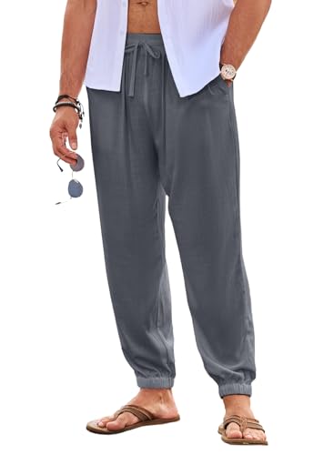 JMIERR Herren Leinenhose Lang Leicht Sommerhose Loose Fit mit Taschen Elastischer Bund Freizeithose Sommer Herbst Grau 2XL von JMIERR