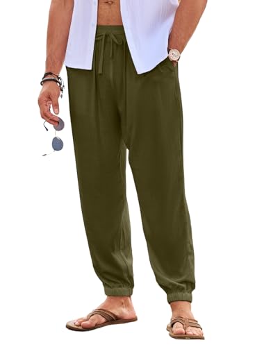 JMIERR Herren Leinenhose Lang Leicht Sommerhose Loose Fit mit Taschen Elastischer Bund Freizeithose Sommer Herbst Grün 2XL von JMIERR