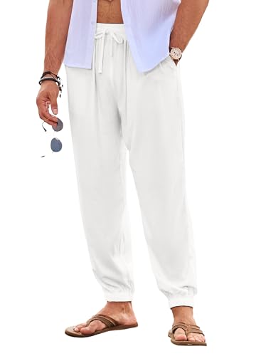 JMIERR Herren Leinenhose Lang Leicht Sommerhose Loose Fit mit Taschen Elastischer Bund Freizeithose Sommer Herbst Weiß 2XL von JMIERR