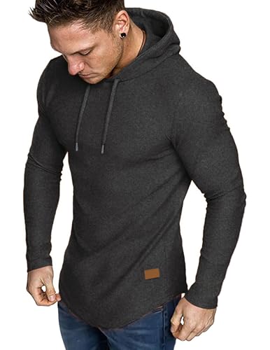 JMIERR Herren Muskel Hoodies Langarm Slim Fitted Longline Sweatshirt Athletische Fleece Fallen Pullover Shirts Grau XL von JMIERR