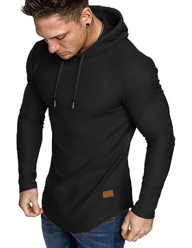 JMIERR Herren Muskel Hoodies Langarm Slim Fitted Longline Sweatshirt Athletische Fleece Fallen Pullover Shirts Schwarz L von JMIERR