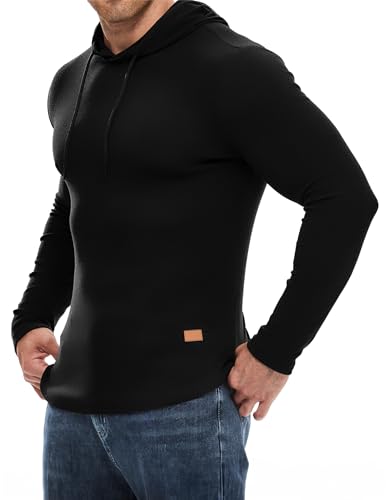 JMIERR Herren Muskel Hoodies Langarm Slim Fitted Longline Sweatshirt Athletische Fleece Fallen Pullover Shirts Schwarz XL von JMIERR