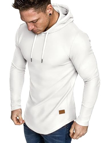 JMIERR Herren Muskel Hoodies Langarm Slim Fitted Longline Sweatshirt Athletische Fleece Fallen Pullover Shirts Weiß L von JMIERR