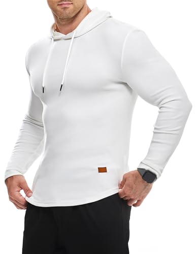 JMIERR Herren Muskel Hoodies Langarm Slim Fitted Longline Sweatshirt Athletische Fleece Fallen Pullover Shirts Weiß S von JMIERR