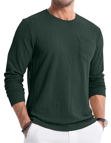 JMIERR Herren Pullover T Shirt Langarm Strickpullover Rundhals T-Shirts Longshirt Modern Leichte Basic Solid Winter Oberteile Männer für Herren mit Tasche Grün 2XL von JMIERR