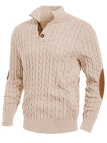 JMIERR Herren Pullover mit Zopfmuster lässiger Stehkragen grobe Freizeit-Strickpullover mit 1/4-Knöpfe Winterpullover Herren Beige M von JMIERR