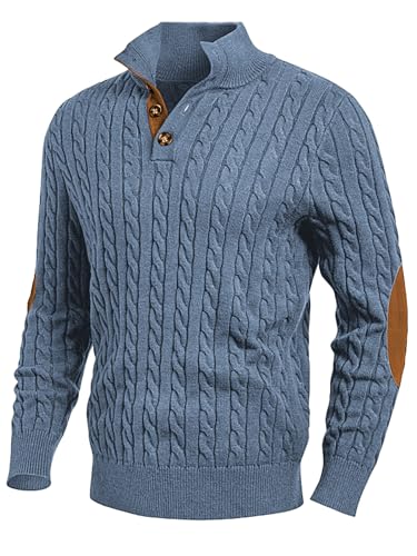 JMIERR Herren Pullover mit Zopfmuster lässiger Stehkragen grobe Freizeit-Strickpullover mit 1/4-Knöpfe Winterpullover Herren Blau XXL von JMIERR