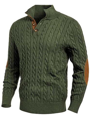 JMIERR Herren Pullover mit Zopfmuster lässiger Stehkragen grobe Freizeit-Strickpullover mit 1/4-Knöpfe Winterpullover Herren Dunkelgrün XL von JMIERR