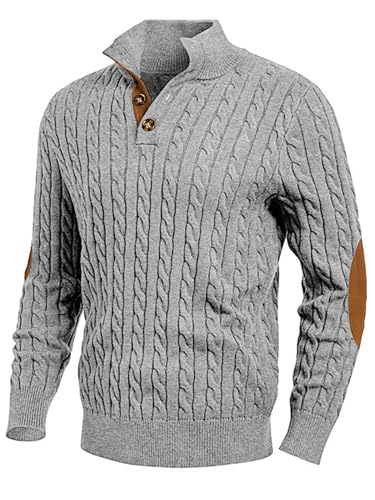 JMIERR Herren Pullover mit Zopfmuster lässiger Stehkragen grobe Freizeit-Strickpullover mit 1/4-Knöpfe Winterpullover Herren Grau XXL von JMIERR