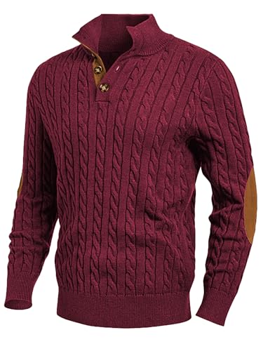 JMIERR Herren Pullover mit Zopfmuster lässiger Stehkragen grobe Freizeit-Strickpullover mit 1/4-Knöpfe Winterpullover Herren Rot XXL von JMIERR
