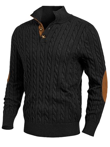 JMIERR Herren Pullover mit Zopfmuster lässiger Stehkragen grobe Freizeit-Strickpullover mit 1/4-Knöpfe Winterpullover Herren Schwarz 3XL von JMIERR