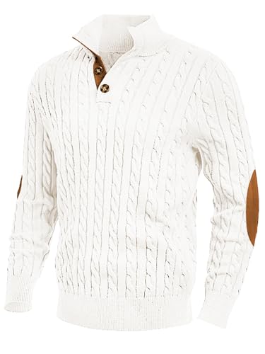 JMIERR Herren Pullover mit Zopfmuster lässiger Stehkragen grobe Freizeit-Strickpullover mit 1/4-Knöpfe Winterpullover Herren Weiß 3XL von JMIERR
