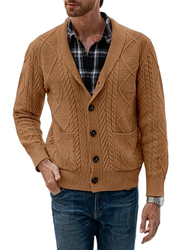 JMIERR Herren Strickjacke Pullover V Ausschnitt Strick Langarm Revers Hals Slim Fit Lässig Gestrickter Strickmantel Braun 2XL von JMIERR