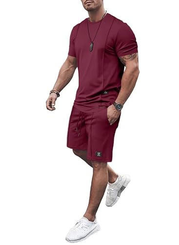 JMIERR Herren Trainingsanzug T-Shirt Set Sommer 2 Piece Loose Casual T Shirts mit Short mit 3 Taschen 2024 Fashion Rundhals Sportanzug,Rot 2XL von JMIERR