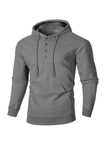 JMIERR Hoodie Herren Baumwolle Langarm Kapuzenpullover 1/4 Button Down Sweatshirts für Männer Loose Fit Casua Winter mit Taschen,A2 Grau S von JMIERR