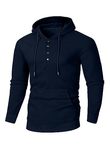 JMIERR Hoodie Herren Baumwolle Langarm Kapuzenpullover 1/4 Button Down Sweatshirts für Männer Loose Fit Casua Winter mit Taschen,Blau M von JMIERR