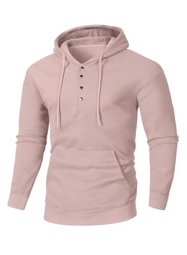 JMIERR Hoodie Herren Baumwolle Langarm Kapuzenpullover 1/4 Button Down Sweatshirts für Männer Loose Fit Casua Winter mit Taschen Rosa 3XL von JMIERR