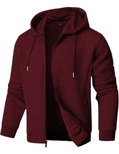 JMIERR Hoodie Herren Einfarbig Pullover-Sweatshirt Mit Kapuze Waffelmuster Kapuzenpulli mit Reißverschluss Sweatjacke mit Taschen Rot XXL von JMIERR