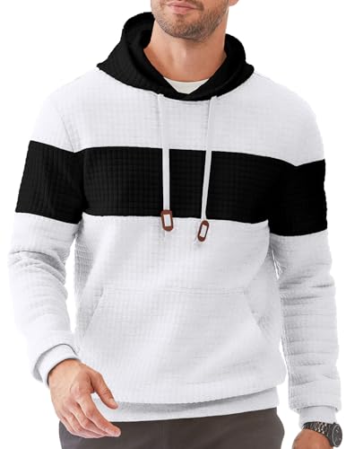 JMIERR Hoodie Herren Langarm Warm Kapuzenpullover Herrenpullover Jacquard Casual Farbblock Sweatshirt Kordelzug mit Taschen Weiß L von JMIERR