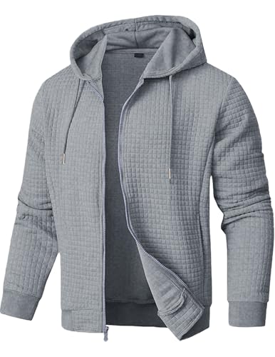 JMIERR Hoodie Herren mit Reißverschluss Langarm Waffelmuster Sweatjacke Männer mit Kapuze Einfarbig Kapuzenpulli Warm mit Taschen Grau XL von JMIERR