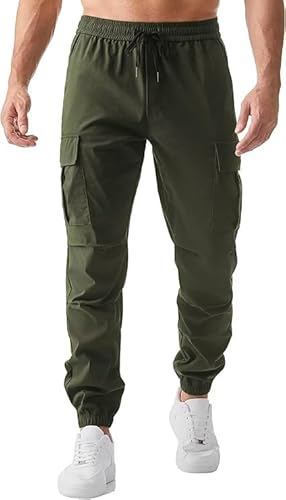 JMIERR Hose Herren Cargo Hose Stretch Jogginghose für Männer Sporthose Casual Freizeithose Elastische Taille mit Kordelzug Sweatpants Herren mit Taschen,Grün 2XL von JMIERR