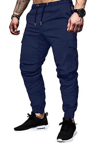 JMIERR Hose Herren Cargohose Herren Baumwolle Jogginghose Stretch Sporthose Herren Hose mit 6 Taschen Slim Fit Freizeithose（Blau S,32） von JMIERR